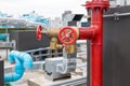 Red fire pump in front of concrete wall. fire safety pump on cement floor of concrete building. Deluge system of firefighting syst Royalty Free Stock Photo