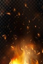 Red Fire sparks vector flying up. Burning glowing particles. Flame of fire with sparks in the air over a dark night Royalty Free Stock Photo