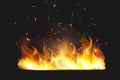 Red Fire sparks vector flying up. Burning glowing particles. Flame of fire with sparks in the air over a dark night Royalty Free Stock Photo