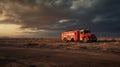 Red Fire Truck In Barren Desert: Atmospheric Portraits And Brooding Mood