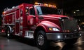 Red Fire Truck Driving Down Night Street Royalty Free Stock Photo