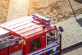 Red fire truck with emergency lights, saving people, threat to life, background, department Royalty Free Stock Photo