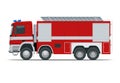 Red fire truck, vehicle of Emergency. Firefighters design element. Side view vector Illustration on a white background. Royalty Free Stock Photo