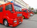 The red fire trucks are on full alert. Fire station and specialized equipment of the company