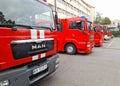 The red fire trucks are on full alert. Fire station and specialized equipment Royalty Free Stock Photo