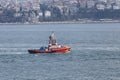 Red fire tug boat equipped with saftey equipment Royalty Free Stock Photo