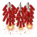 Red firecrackers with golden bands exploding with light Royalty Free Stock Photo
