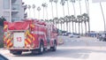 Red firefighters fire truck or engine, emergency lifeguard car, , California USA