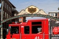 Firetruck driving through the Gaslamp Quarter in San Diego.