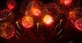 Red firework night background in dusk time celebrate national holiday. Countdown to new year 2024 festival party time event. Red