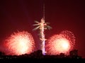 Red fireworks near Ostankinskaya TV Tower, Moscow Royalty Free Stock Photo