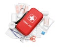 Red first aid kit, scissors, cotton buds, pills, plastic forceps, hand sanitizer, medical plasters and elastic bandage isolated on Royalty Free Stock Photo