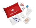 Red first aid kit, scissors, pins, cotton buds, pills, plastic forceps, adhesive plaster and elastic bandage isolated on white, Royalty Free Stock Photo