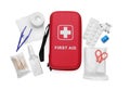 Red first aid kit, scissors, pins, cotton buds, pills, plastic forceps, hand sanitizer and medical plaster isolated on white, top Royalty Free Stock Photo