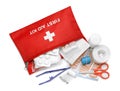 Red first aid kit with scissors, pins, cotton buds, pills, plastic forceps, medical plasters and elastic bandage isolated on white