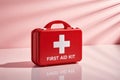 Red First Aid Kit Still Life on Pink Background with Reflection Royalty Free Stock Photo