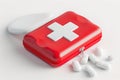 Red first aid kit with white cross, opened, revealing medication. perfect for healthcare concepts. minimalistic design Royalty Free Stock Photo