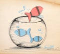 Red Fish Escaping from Fishbowl Royalty Free Stock Photo