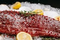 Red fish fillet sprinkled with salt and spices Royalty Free Stock Photo