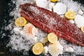 Red fish fillet sprinkled with salt and spices with lemon, shells and pebbles on ice Royalty Free Stock Photo