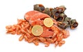 Red fish and prawns with rapans Royalty Free Stock Photo