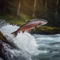 Red fish salmon trout jumps out of a mountain stream, a beautiful bright fish, a good background