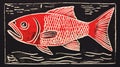 Red Fish: A Simple Lino Print Artwork With Precisionist Style