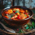 Red Fish Soup with Salmon and Pike Perch, Traditional Homemade Ukha, Bouillabaisse