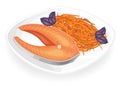 Red fish steak on a plate. Garnish Korean carrot. Green leaves basil. Delicious, tasty and nutritious food. Vector illustration