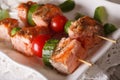 Red fish with vegetables on skewers macro on a plate. horizontal Royalty Free Stock Photo