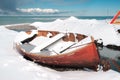 Red fishing boats covered with snow