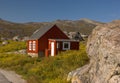 Red Fishing cottage in yellow field in Greenland