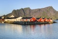 Red fishing hut (rorbu) on the Hamnoy island, Lofoten, Norway