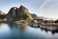 Red fishing hut (rorbu) on the Hamnoy island, Norway