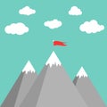 Red flag on a mountain peak. success, high results symbol. Landscape with mountains and clouds. Victory, leadership concept. Flat Royalty Free Stock Photo