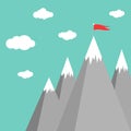 Red flag on a mountain peak. success, high results symbol. Landscape with mountains and clouds Royalty Free Stock Photo