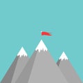 Red flag on a mountain peak. success, high results symbol. Landscape with mountains and clouds Royalty Free Stock Photo