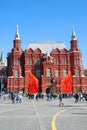 Red flags. Victory day decoration by Historical museum in Moscow. Royalty Free Stock Photo