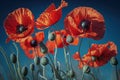 Red Flanders poppies silhouetted against a blue sky.