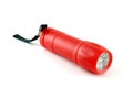 red plastic cylinder flashlight with led bulb and black strap isolated on white background Royalty Free Stock Photo