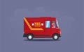 Red flat cartoon post or delivery van vehicle with driver or courier on purple background Royalty Free Stock Photo