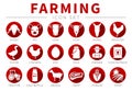 Red Flat Farming or Farm Icon Set of Sheep, Pig, Cow, Goat, Horse, Rooster, Goose, Chicken, Egg, Milk, Farmer, Concentrate,