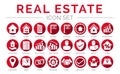Red Flat Real Estate Round Icon Set of Home, House, Apartment, Buying, Renting, Searching, Investment, Choosing, Wishlist, Low Royalty Free Stock Photo