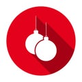 Red flat round Christmas balls hanging on threads icon, button with long shadow isolated on a white background.