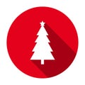 Red flat round Christmas tree icon, button with long shadow isolated on a white background. Royalty Free Stock Photo