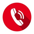 Red flat round conference phone icon, button with long shadow isolated on a white background. Royalty Free Stock Photo