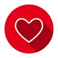 Red flat round heart outline icon, button with long shadow isolated on a white background.