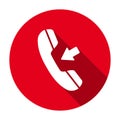Red flat round incoming call icon, button with long shadow isolated on a white background. Royalty Free Stock Photo