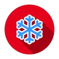 Red flat round snowflake icon, button with long shadow isolated on a white background. Royalty Free Stock Photo