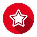 Red flat round star with outline icon, button with long shadow isolated on a white background.